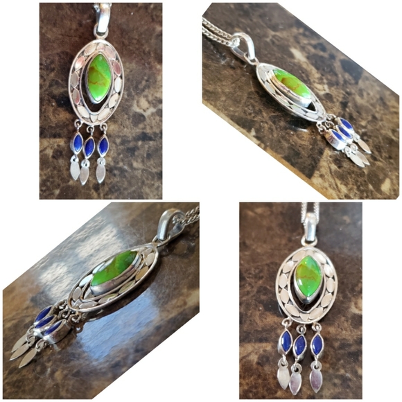 Genuine Green Copper Turquoise & Lapis Pendant - Picture 3 of 4